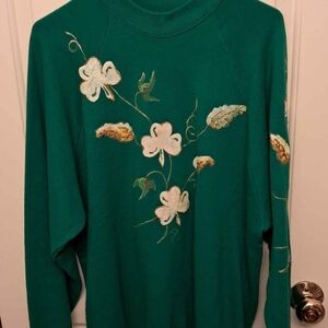 Green Sweatshirt with White & Gold Floral Embroidery